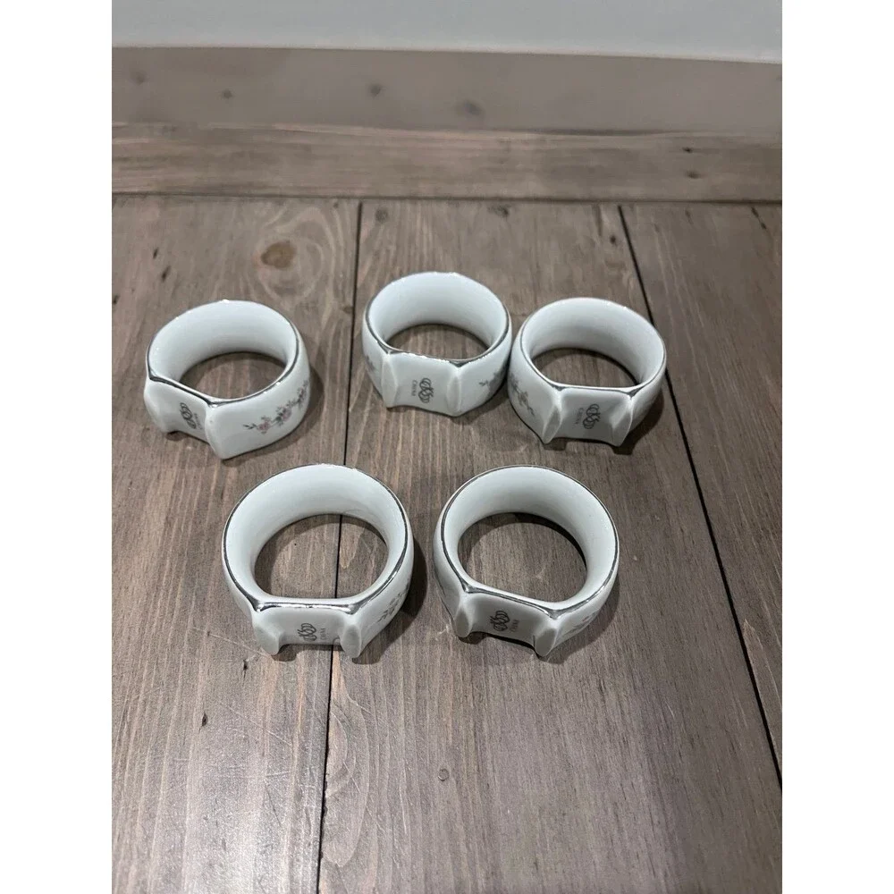 Vintage White‎ Porcelain Pink floral Pattern Silver Trim Napkin Rings Set of 5